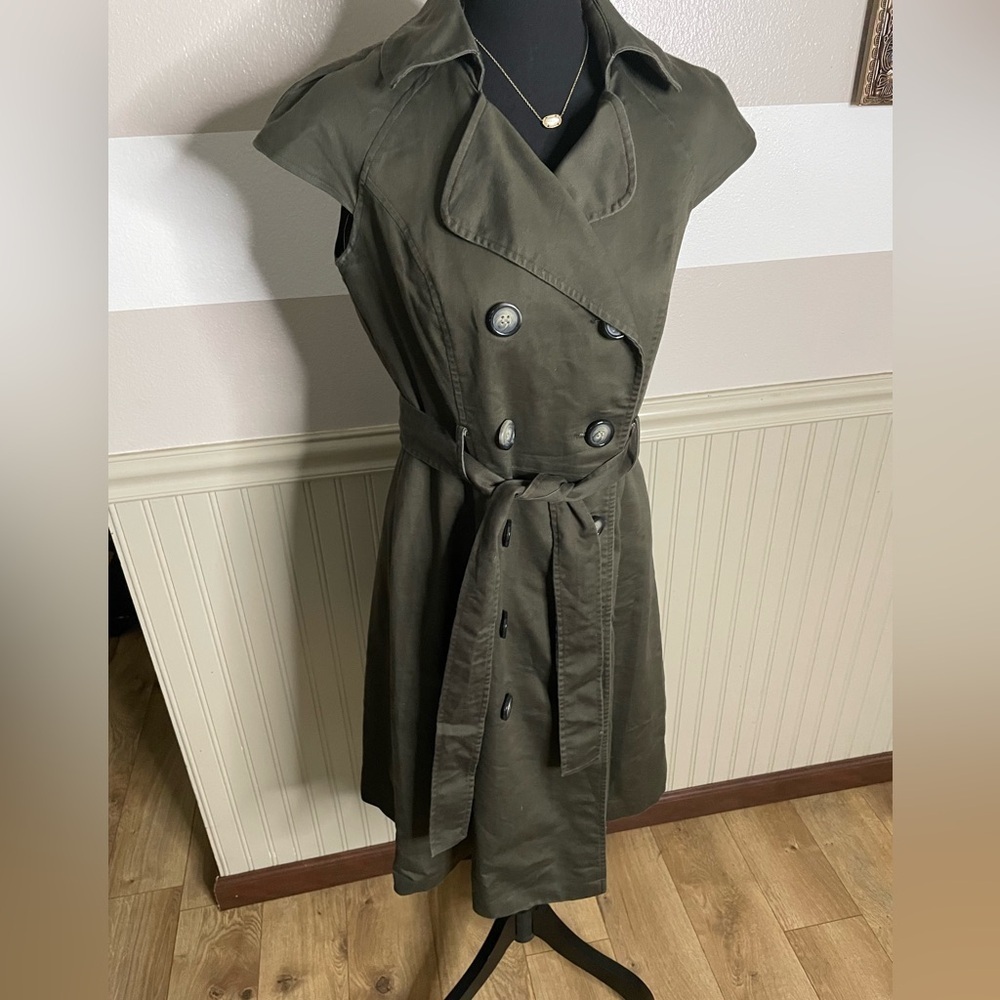 Liz Claiborne deep olive green safari trench utility sleeveless dress. size 8 - Picture 4 of 12
